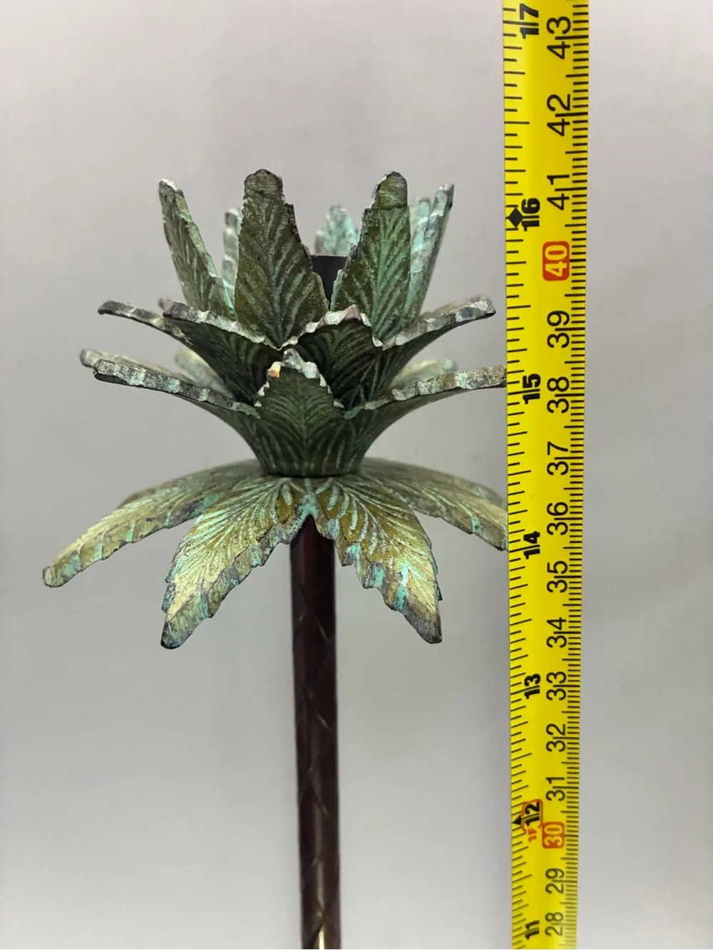 Vintage Metal Palm Tree Candlestick in Green and Bronze Height 16,5”